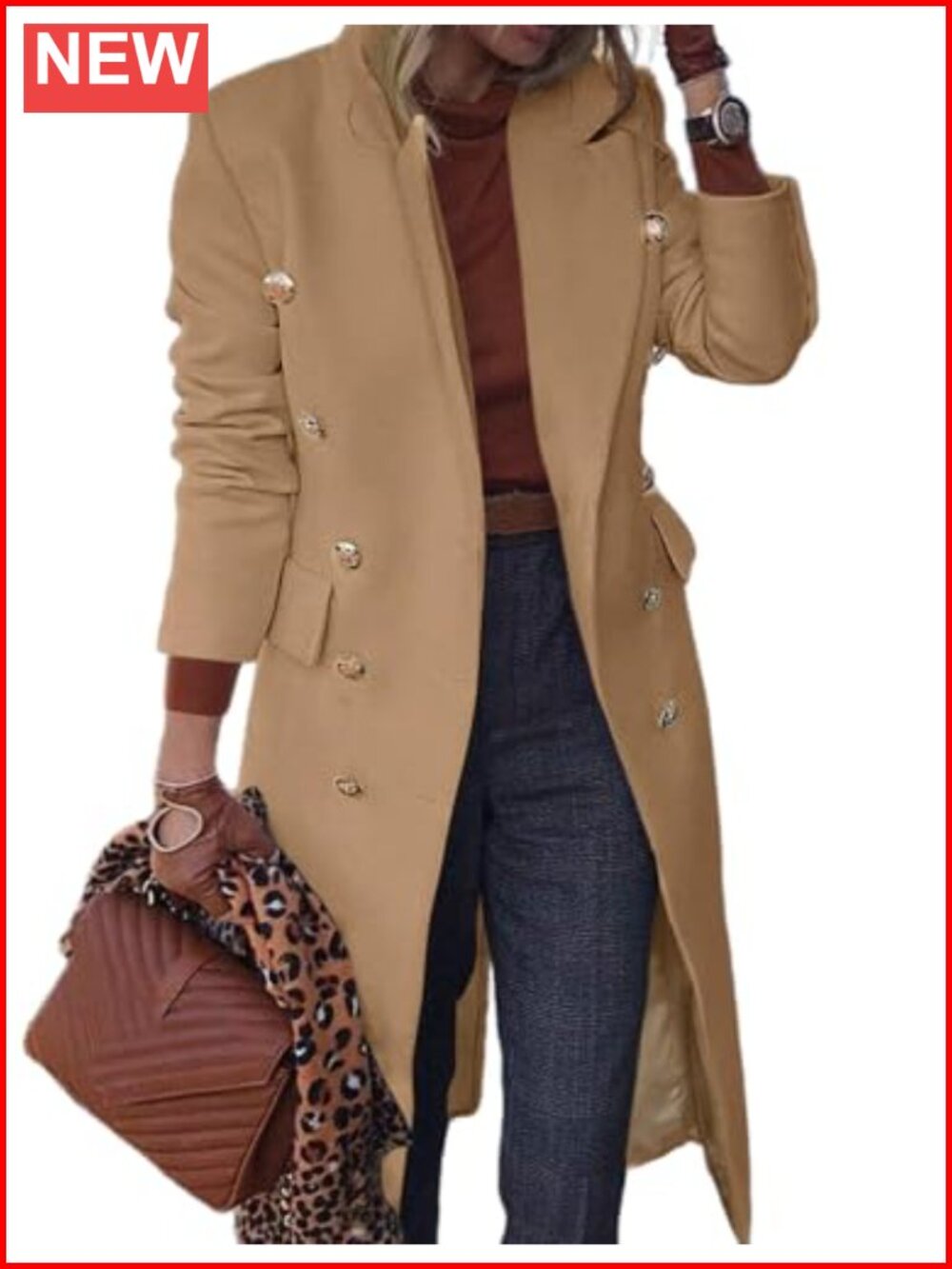 Wool Blend Trench Coat Long Pea Coat Double Breasted Notch Lapel Women